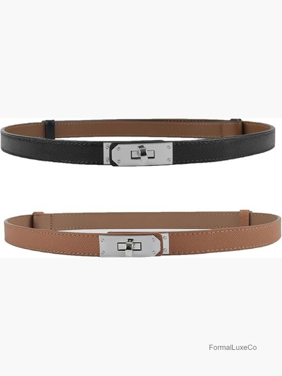 Adjustable Skinny Leather Belt for Dresses with Turn Lock Buckle